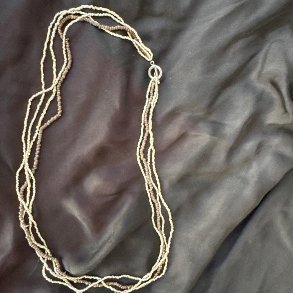 NEW Seed Bead Multi Layer Gold Tone Brown Multistrand Beaded Necklace 15" Drop - Picture 2 of 11